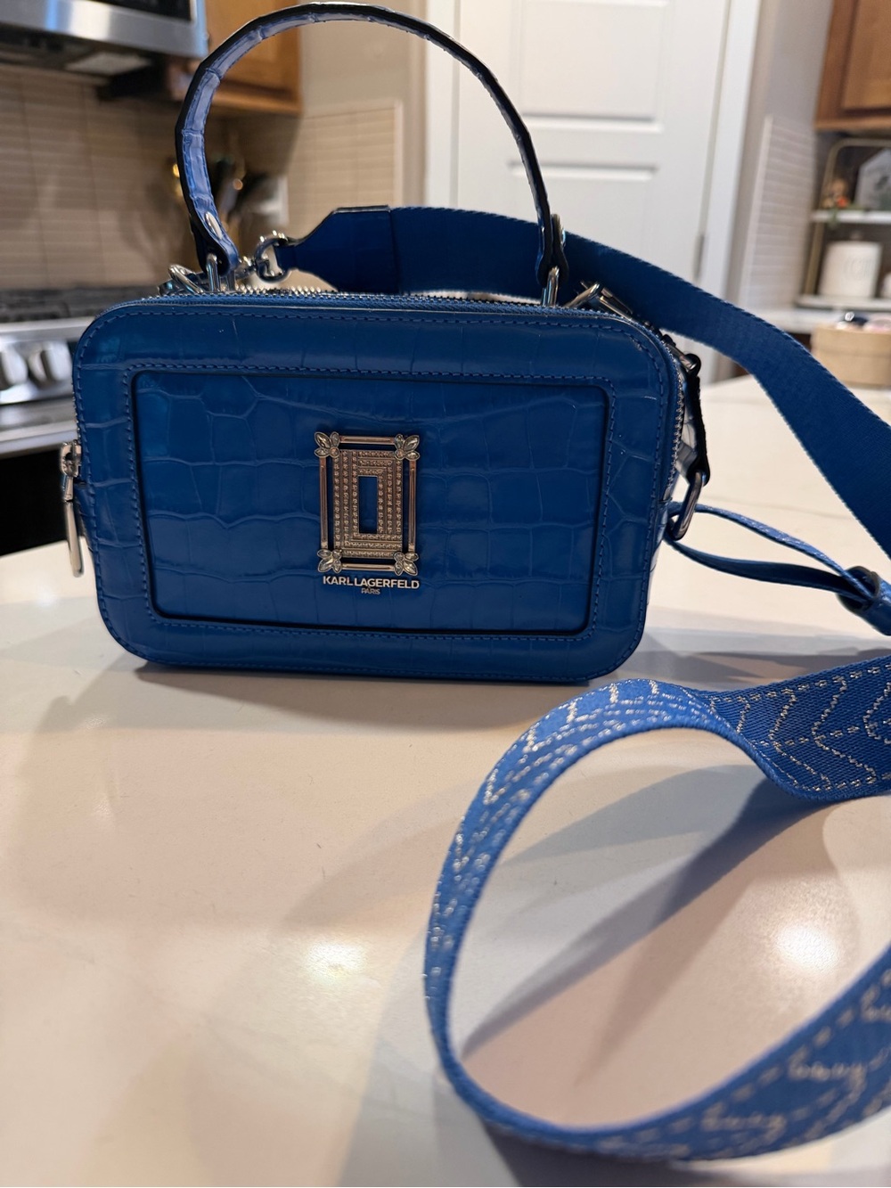 Karl Lagerfeld Royal Blue Croc-Embossed Camera Bag with Detachable Strap NWOT